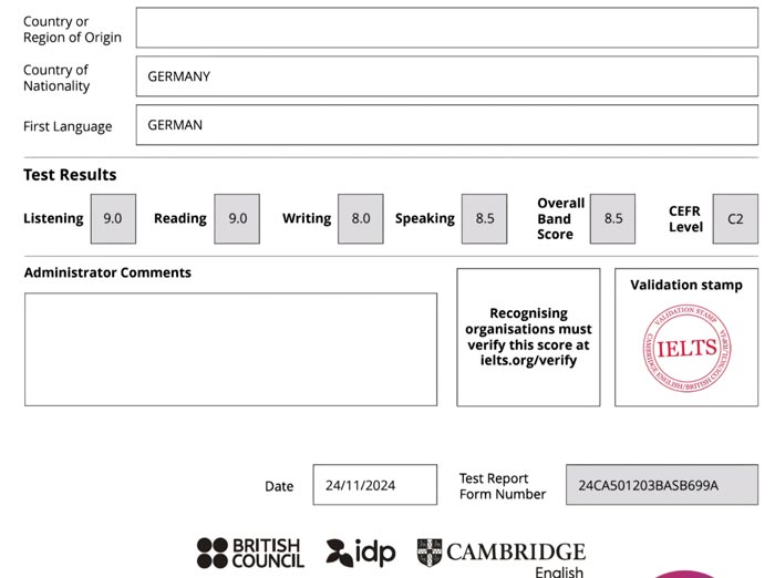 Best IELTS test result November 2024