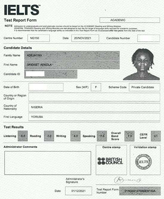 Best IELTS test result January 2022