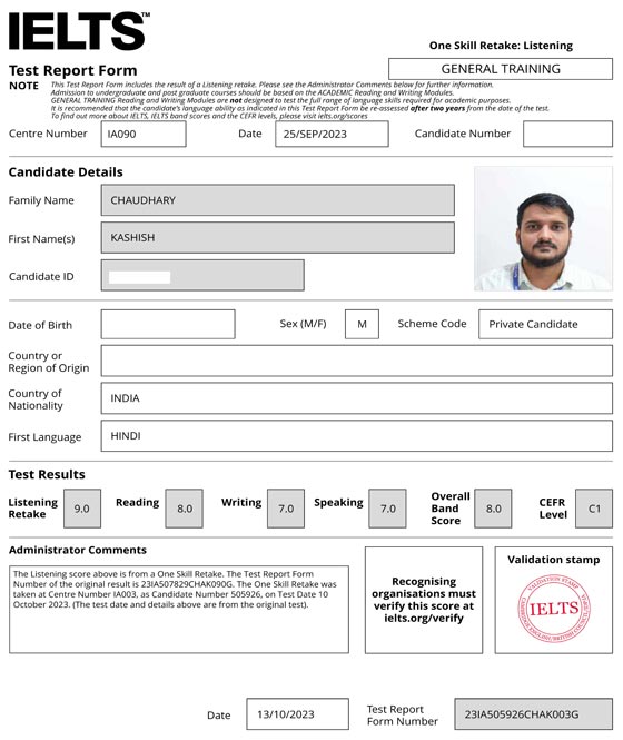 Best IELTS test result October 2023