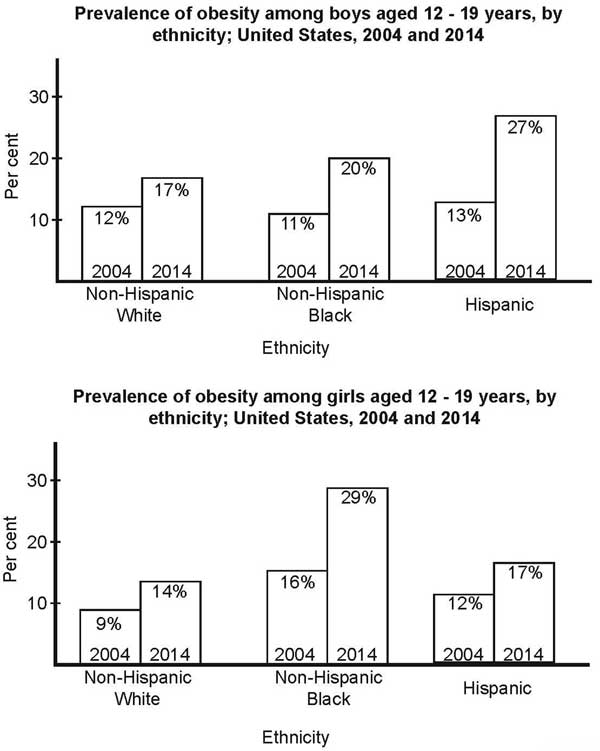 Two bar charts showing the prevalence of obesity among boys and girls (from IELTS High Scorer's Choice series, Academic Set 3 book)